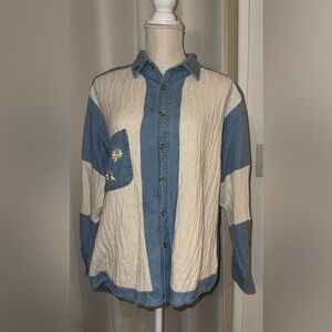 Vintage Infinity Denim Sweater Long Sleeve Shirt with Flower Embroidered Size L